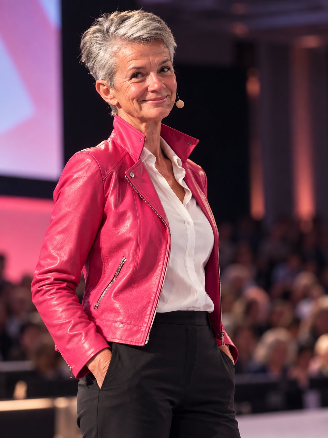 Andrea auf einer Konferenzbühne