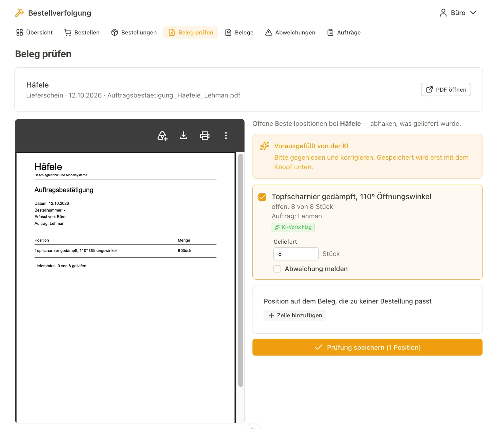 Auftragsbestätigung als PDF neben den offenen Bestellpositionen, von der KI vorausgefüllt