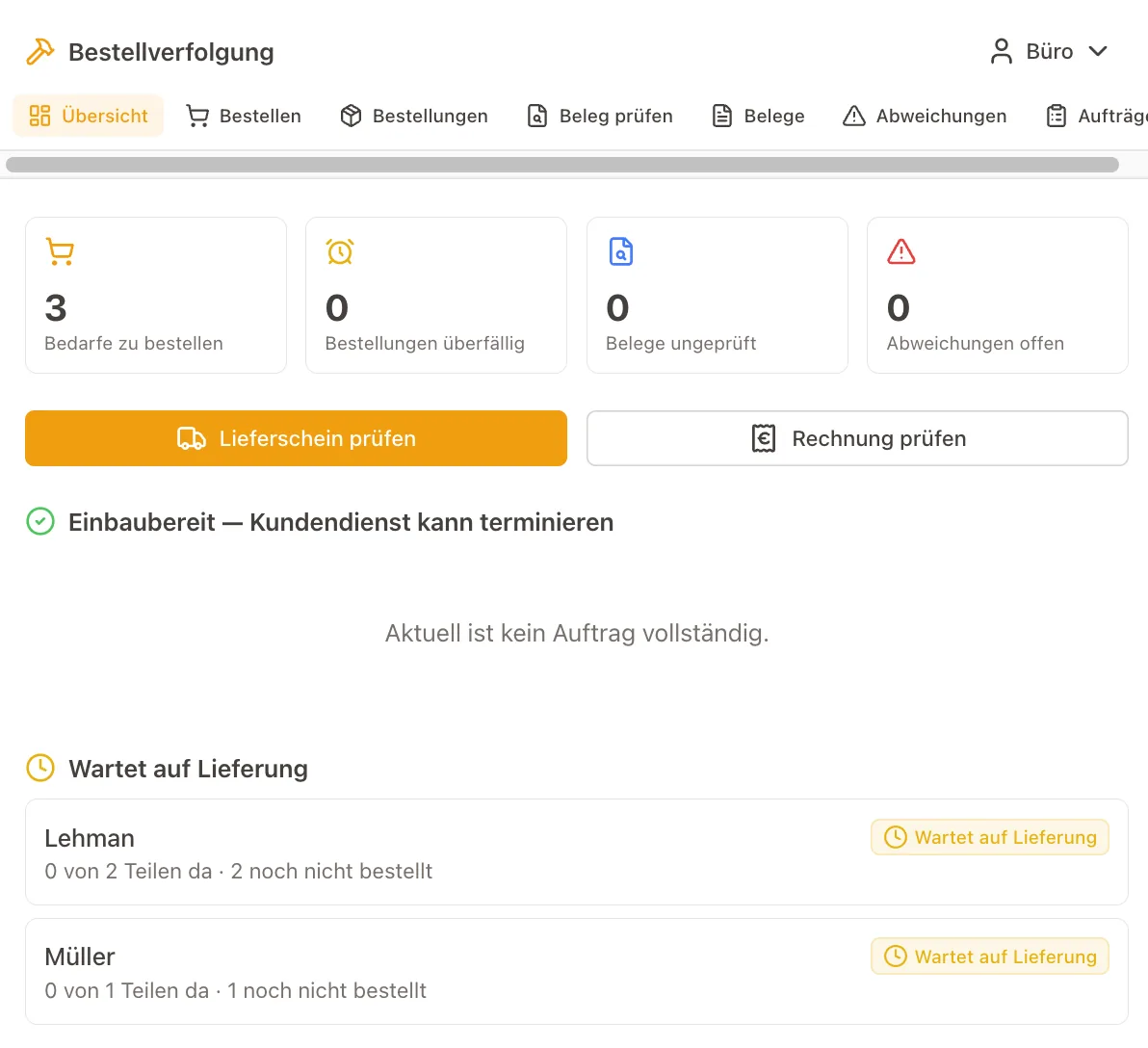 Übersicht mit Kennzahlen zu Bedarf, Bestellungen, Belegen und Abweichungen sowie wartenden Aufträgen