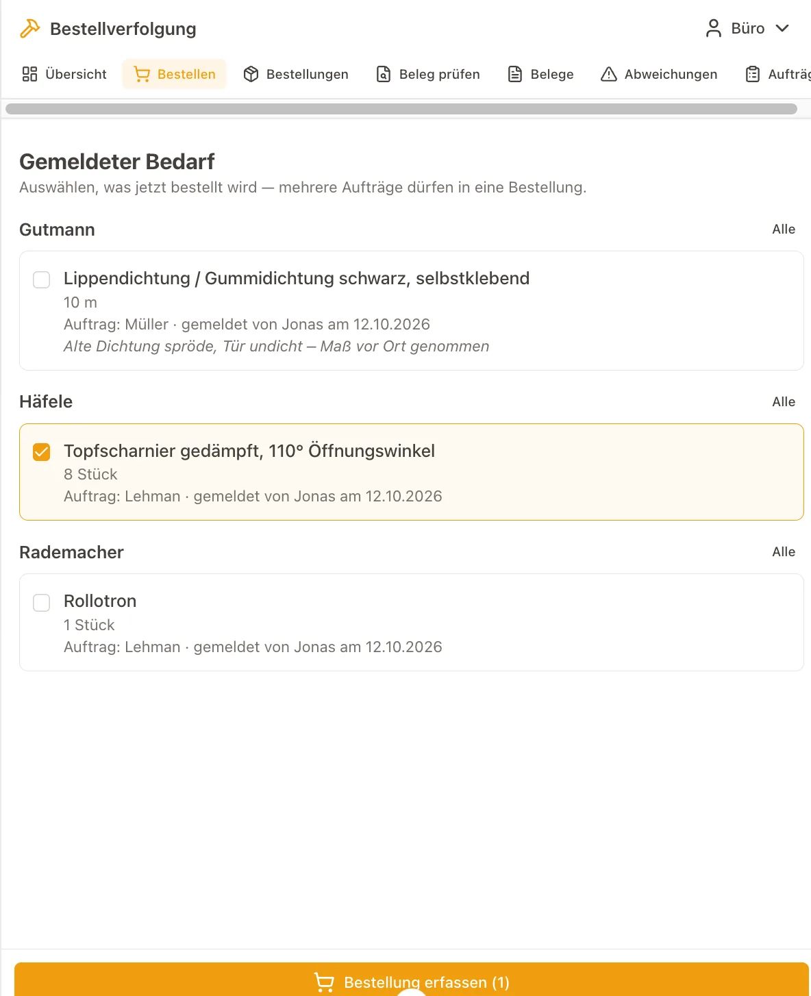 Gemeldeter Bedarf, nach Lieferanten gruppiert, zur Auswahl für eine Bestellung
