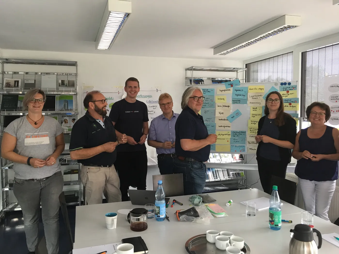 Gemeinsame Planungsrunde vor der Pinnwand mit den gesammelten Prozessen