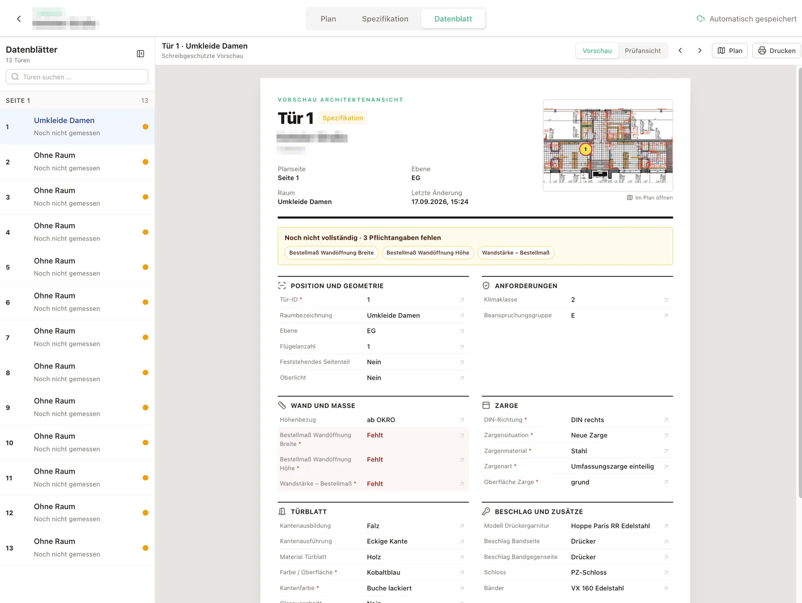 Datenblatt einer Tür in der Architektenansicht mit Hinweis auf fehlende Pflichtangaben