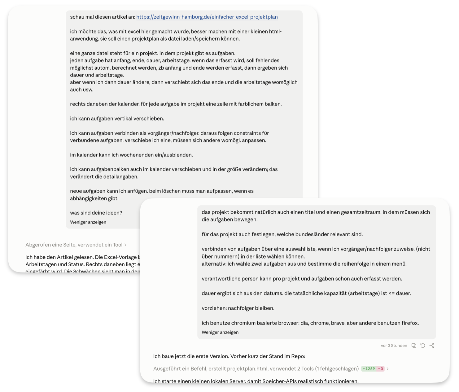 Die beiden Prompts an Claude Code: Der erste verweist auf den alten Excel-Artikel und beschreibt die gewünschte HTML-Anwendung mit Aufgaben, Kalender und Abhängigkeiten, der zweite ergänzt Projekttitel, Gesamtzeitraum, Bundesländer für Feiertage und Verantwortliche